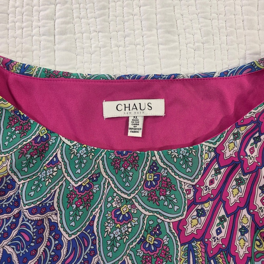 Chaus Womens Peacock Paisley Smocked Hem Flutter Sleeve Blouse Pink Purple XL - Picture 3 of 13